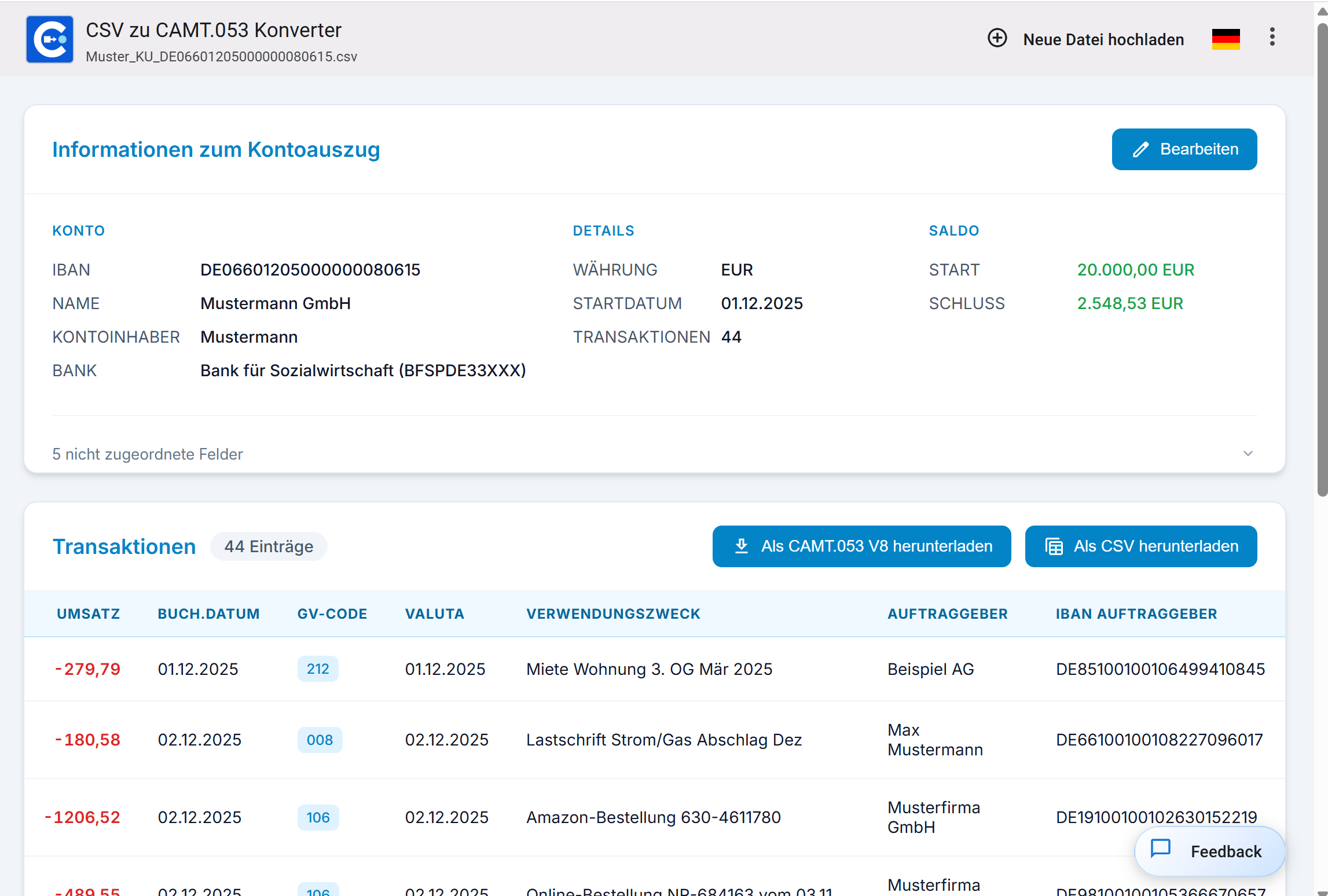 Create camt.053 from CSV template
