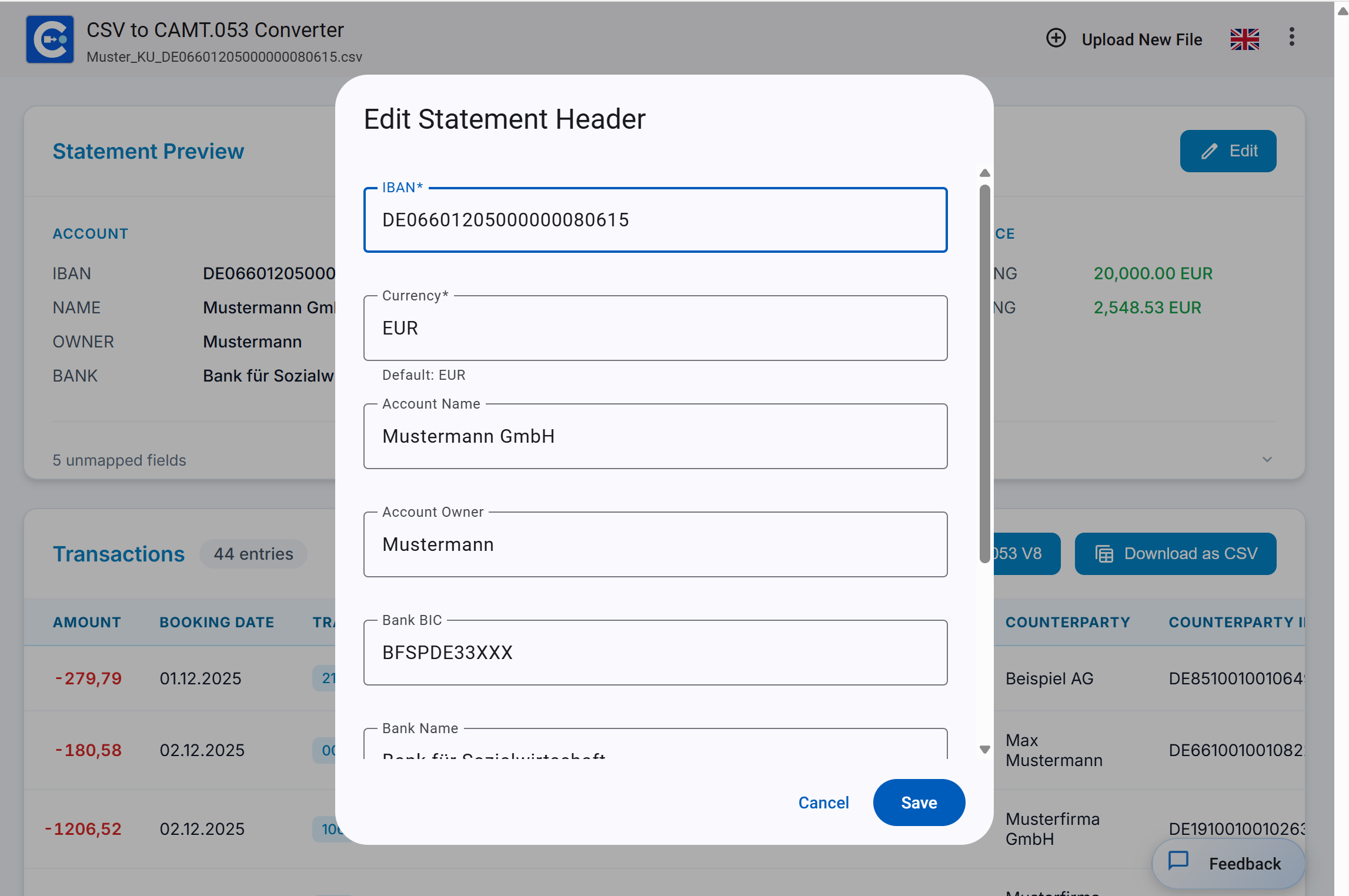 Edit bank statement header