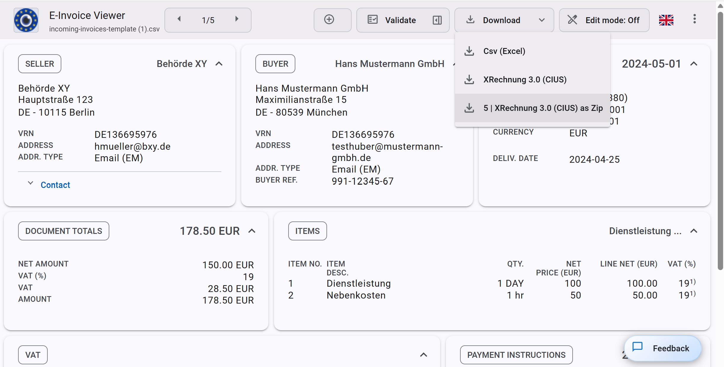 Create multiple XRechnungen from a CSV template